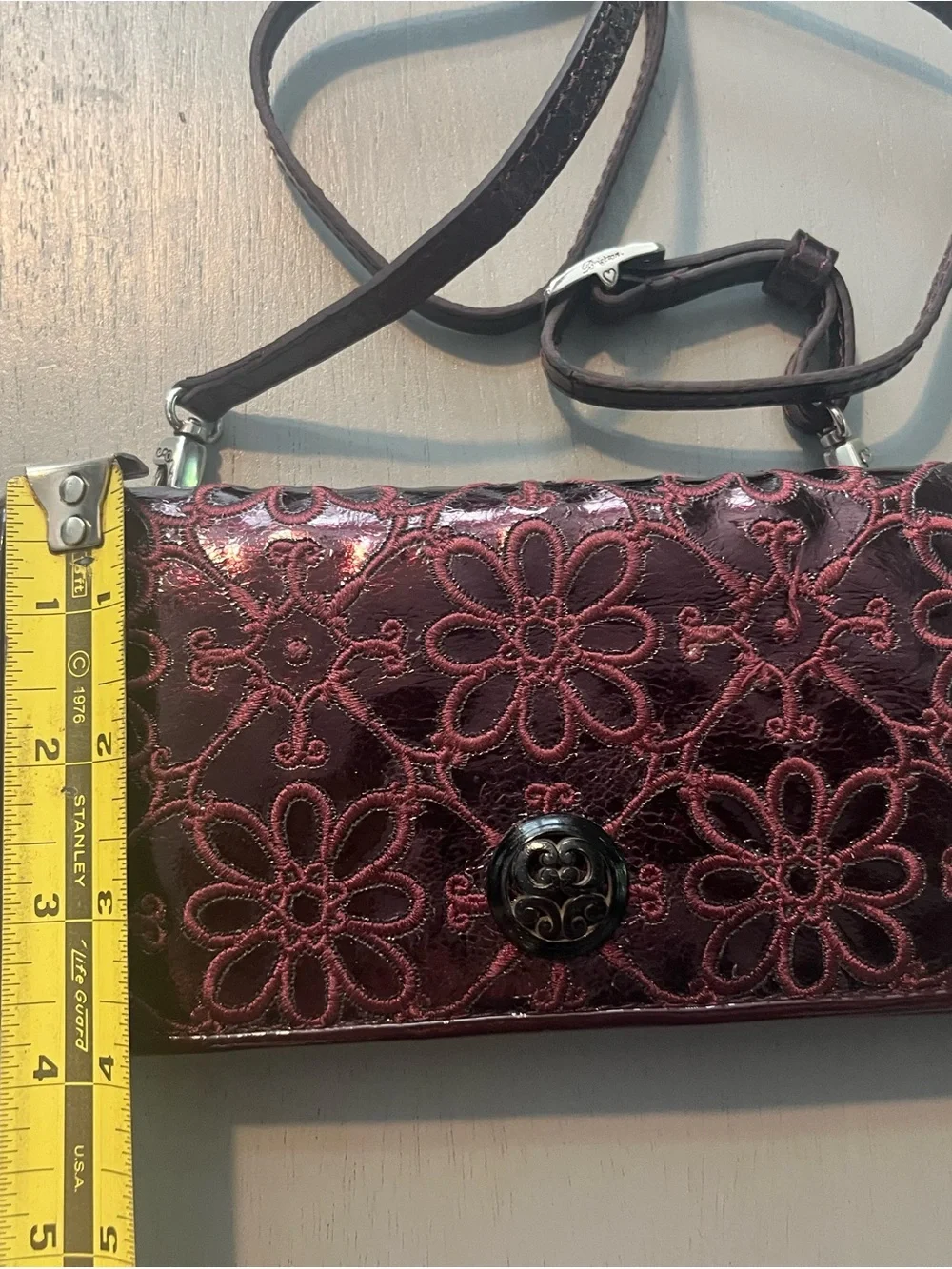 Brighton Metallic Plum Patent Leather Floral Embroidered Crossbody Wallet / Bag